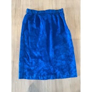 Geoffrey Craig Petites Royal Blue 100% Silk Floral Rose Jacquard Midi Skirt 2P